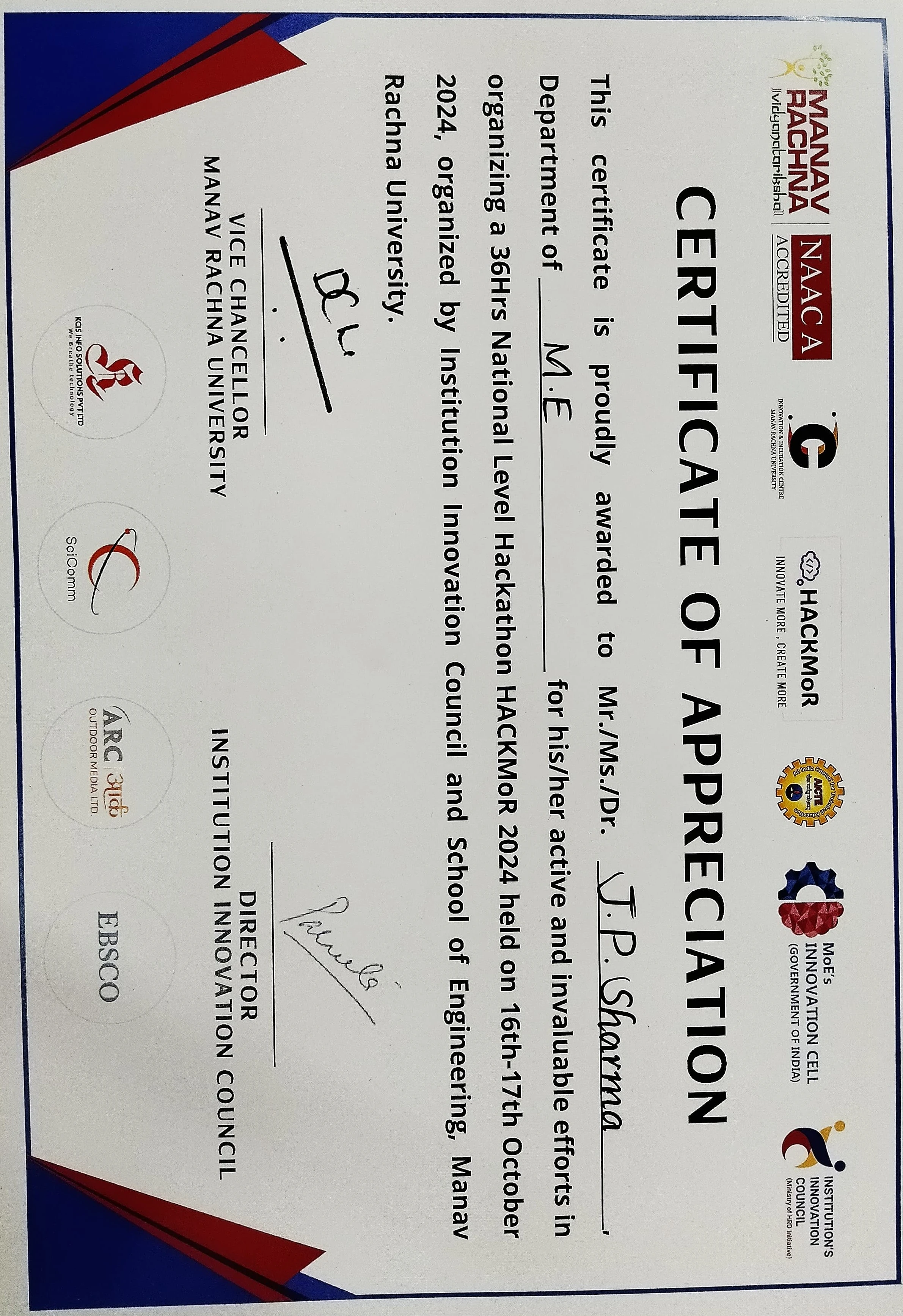 Dr. Joginder Singh recognized as Organizer for HackMor